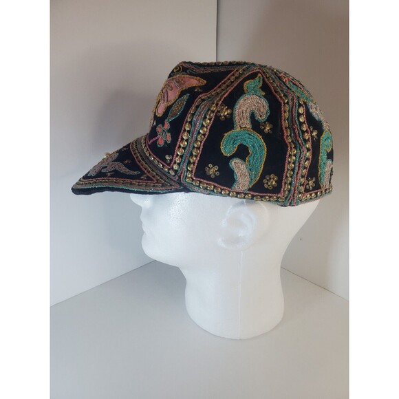 Vintage Womens Beaded Aplique Wide Brim Baseball Cap Hat Made In Burma Sz L main image 7